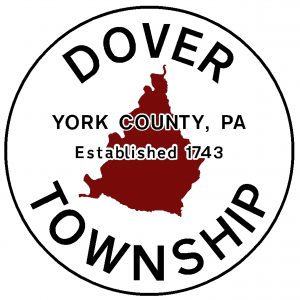 Background is a red outline of Dover Township. Text is black, "Dover Township York County, PA Established 1743"