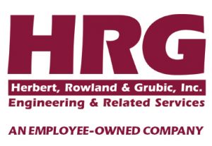 Red text on white background, "HRG" below that there is a red background with white text, "Herbert, Rowland & Grubic, Inc." underneath that, white background with red text, "Engineering & Related Services An Employee-Owned Company"