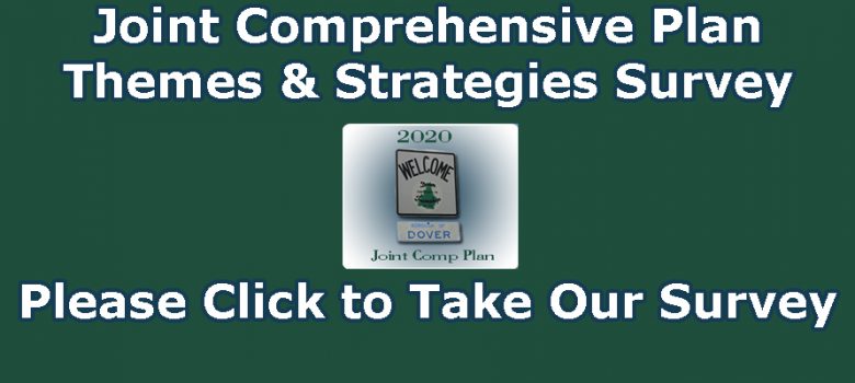 Green background with white text, "Joint Comprehensive Plan Themes & Strategies Survey Please click to take our survey!"